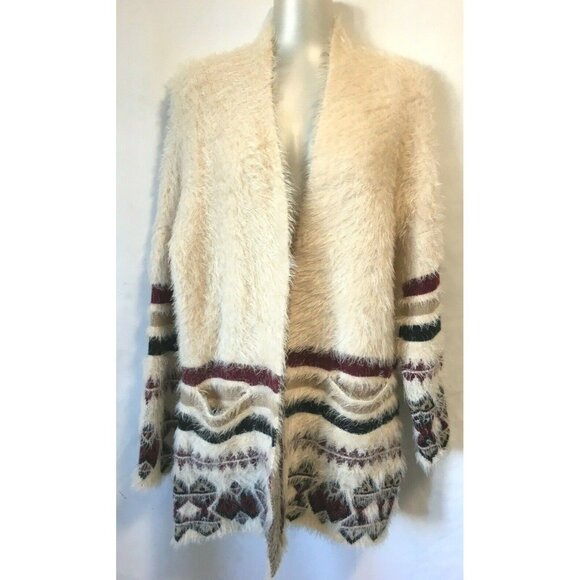 Design Lab Lord & Taylor Women Cardigan Open Fluffy Long  Size M Off White - Picture 1 of 8